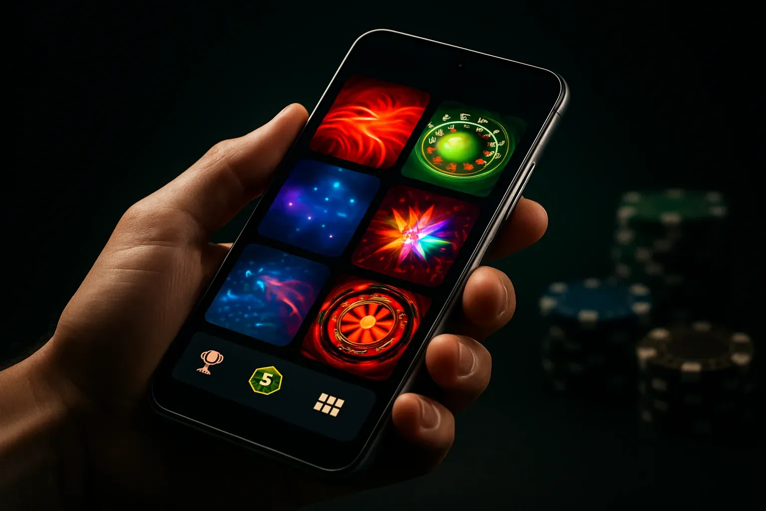 Flagship Android smartphone showing vivid casino app interface in dramatic lighting