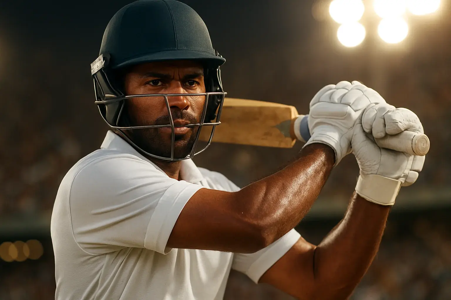 Bangladeshi cricket batsman in white kit mid-swing under stadium floodlights