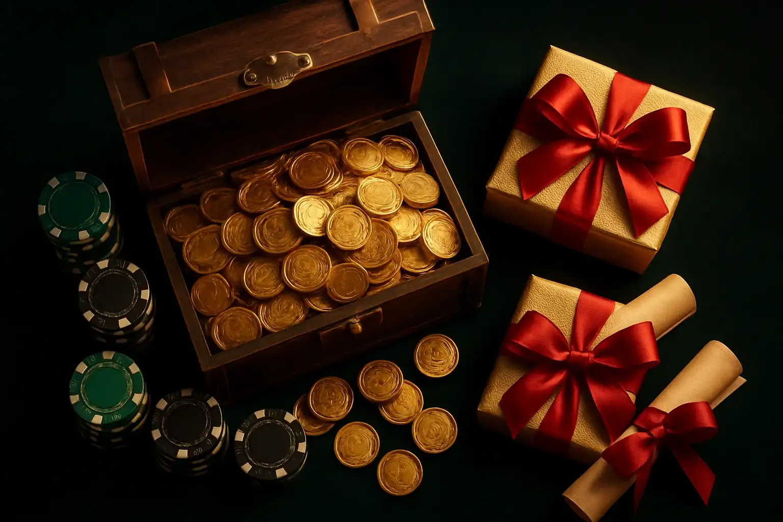 Overflowing treasure chest with coins, casino chips, vouchers, and gift boxes