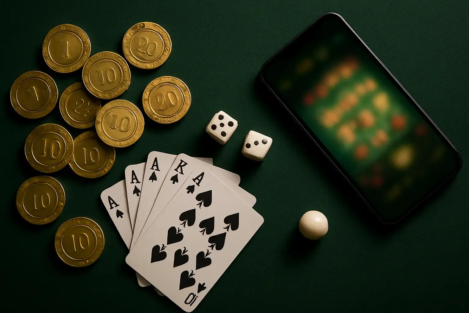 Top-down casino table with gold chips, cards, dice, roulette ball, smartphone
