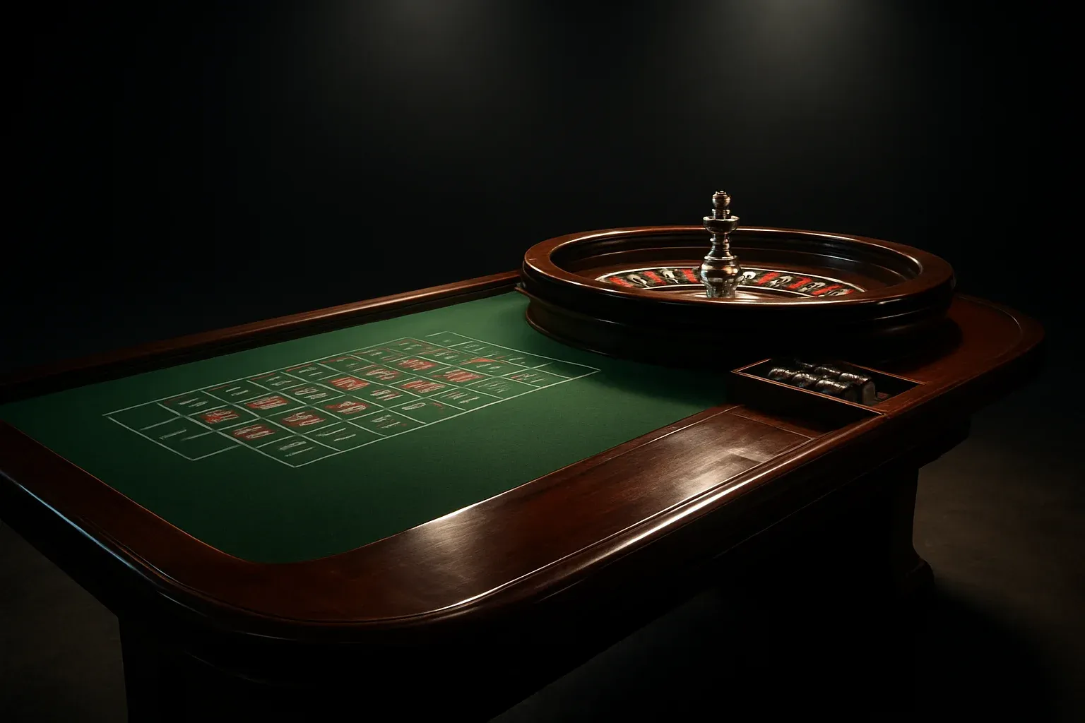 Hyperrealistic live casino studio with empty roulette table and dramatic lighting