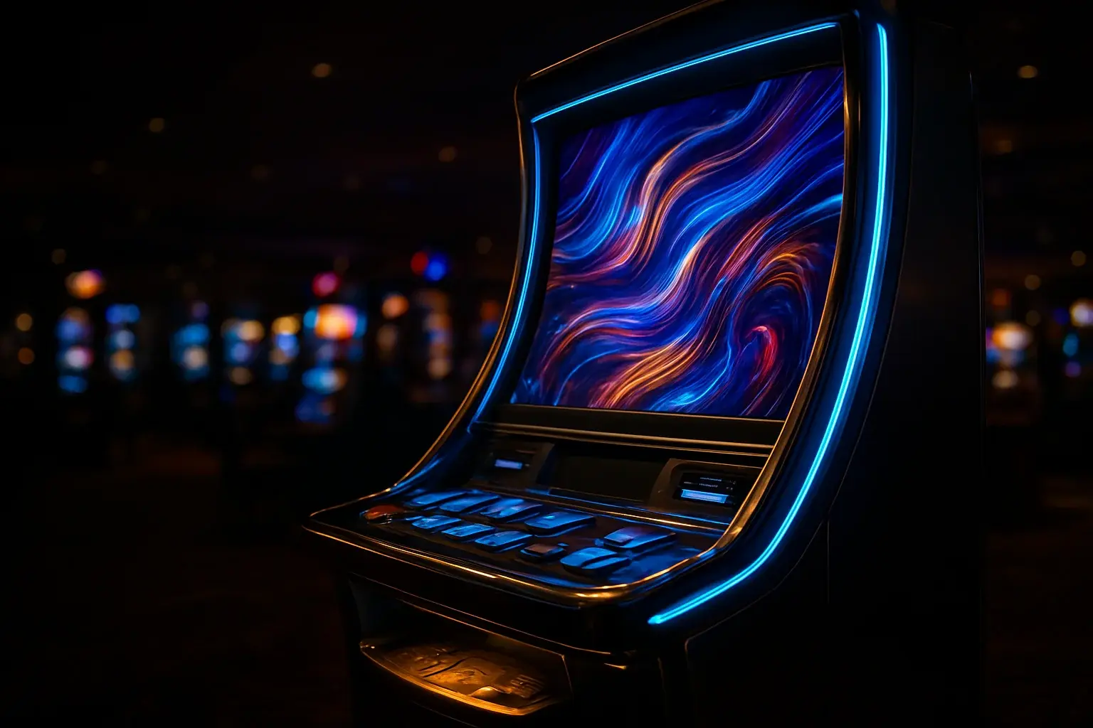 Premium slot machine glowing in dark luxury casino with neon lighting